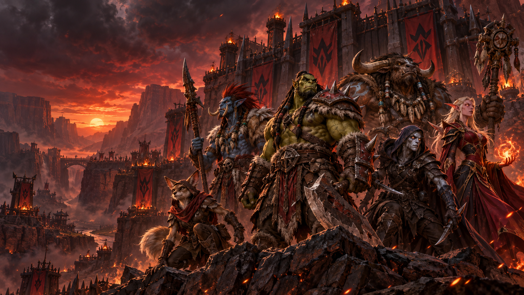 Original fantasy coalition standing before a red-rock stronghold