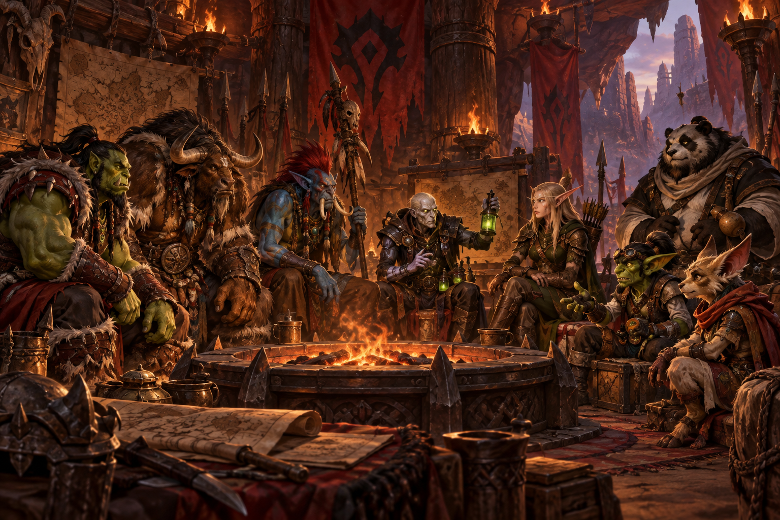 Original fantasy tribal council gathered around a fire